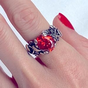Fire faceted gem stone heavy 925 sterling silver medieval forest vine ring